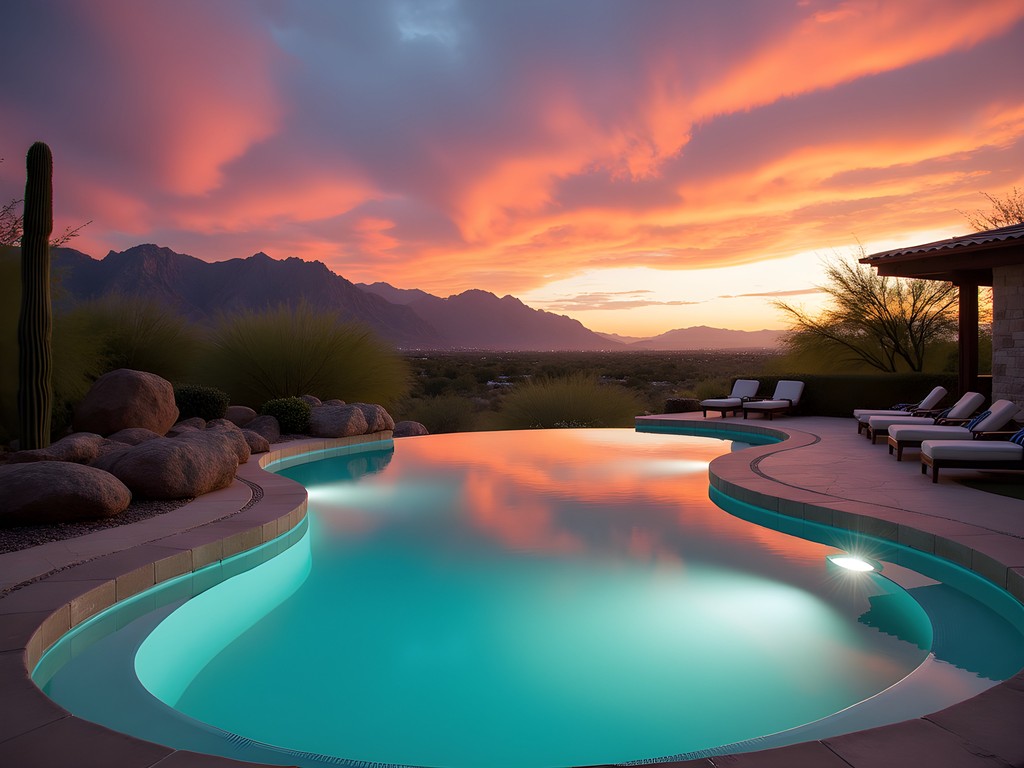 Infinity pool at Sanctuary Camelback Mountain Resort overlooking Scottsdale desert landscape at sunset