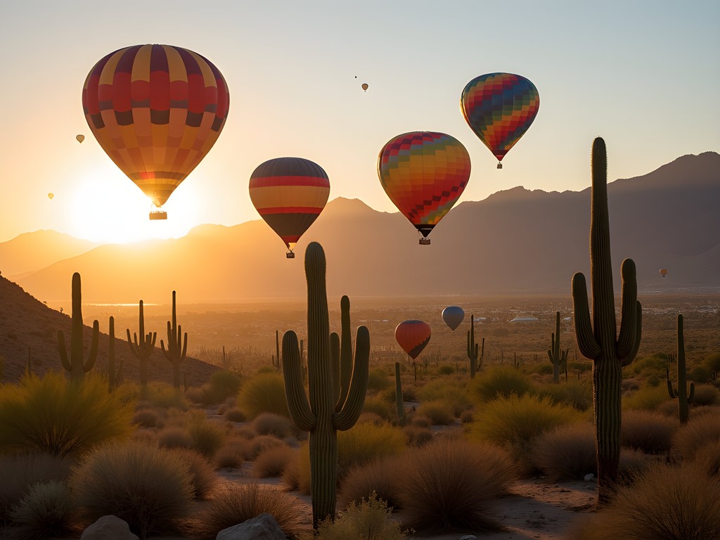 Hot air balloons floating over Sonoran Desert landscape at sunrise near Scottsdale