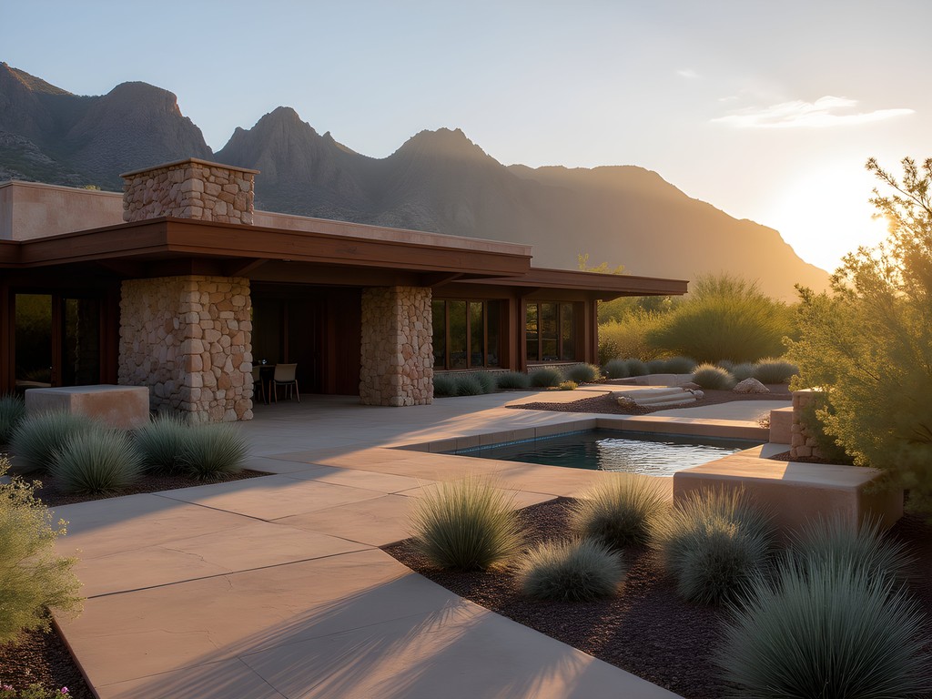 Frank Lloyd Wright's Taliesin West illuminated at sunset in Scottsdale desert