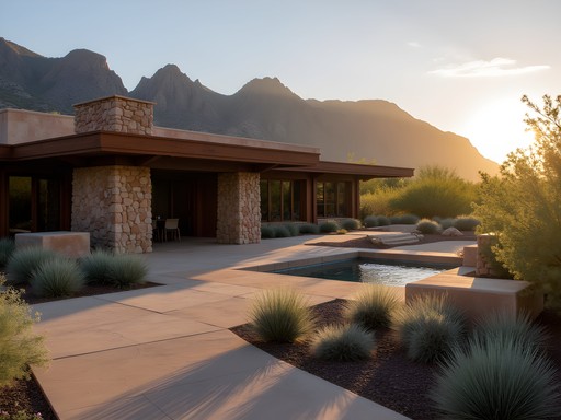 Frank Lloyd Wright's Taliesin West illuminated at sunset in Scottsdale desert