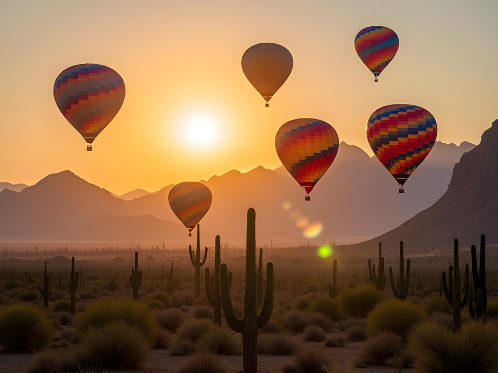 Hot air balloons floating over Sonoran Desert at sunrise near Scottsdale