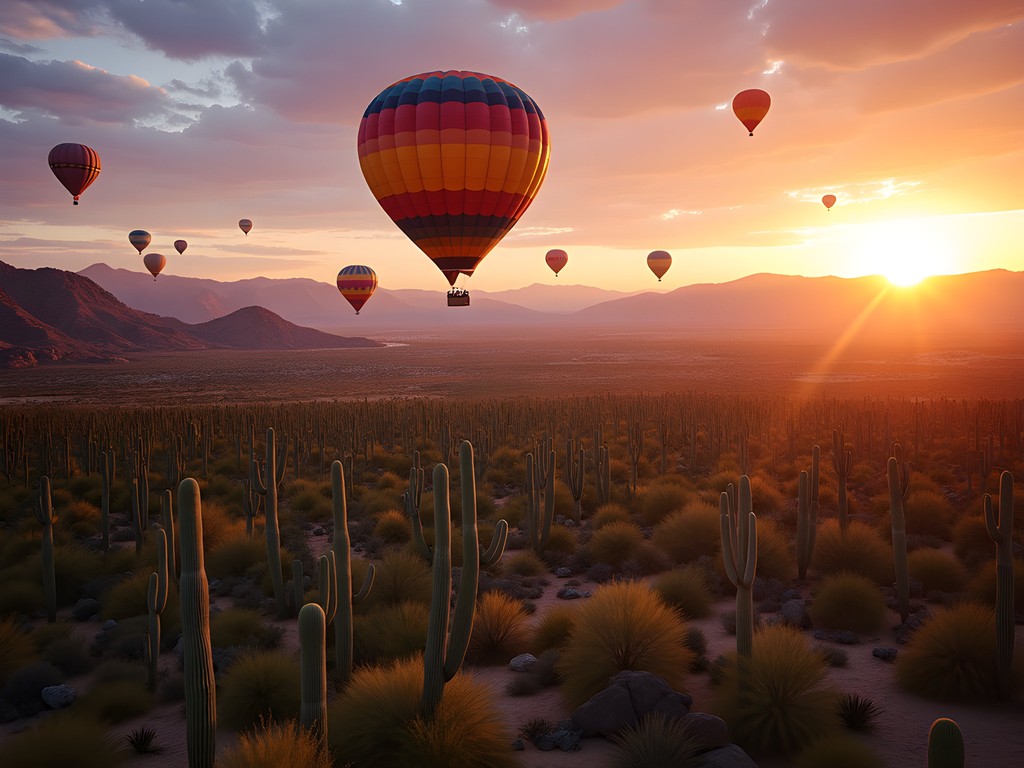 Hot air balloons floating over Sonoran Desert landscape at sunrise with saguaro cacti below