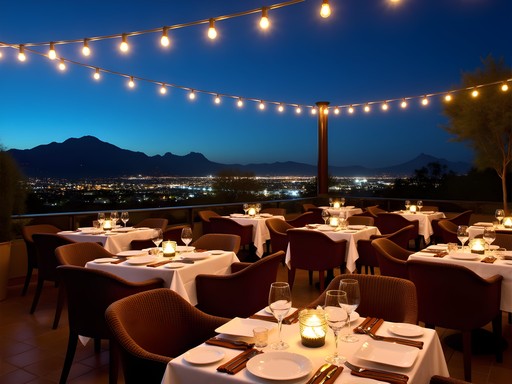 Elegant outdoor dining terrace at Talavera restaurant with valley lights and mountains in background