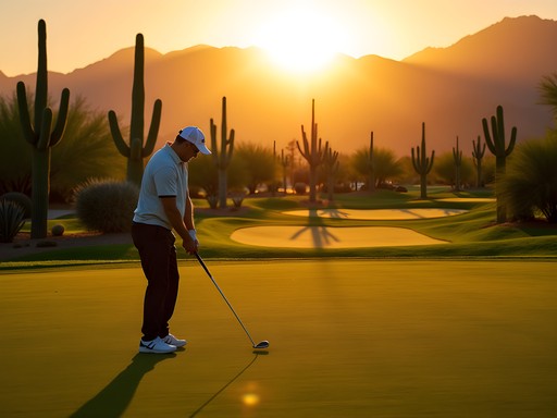 Golfer at Troon North Monument Course with dramatic desert landscape and saguaro cacti at sunrise