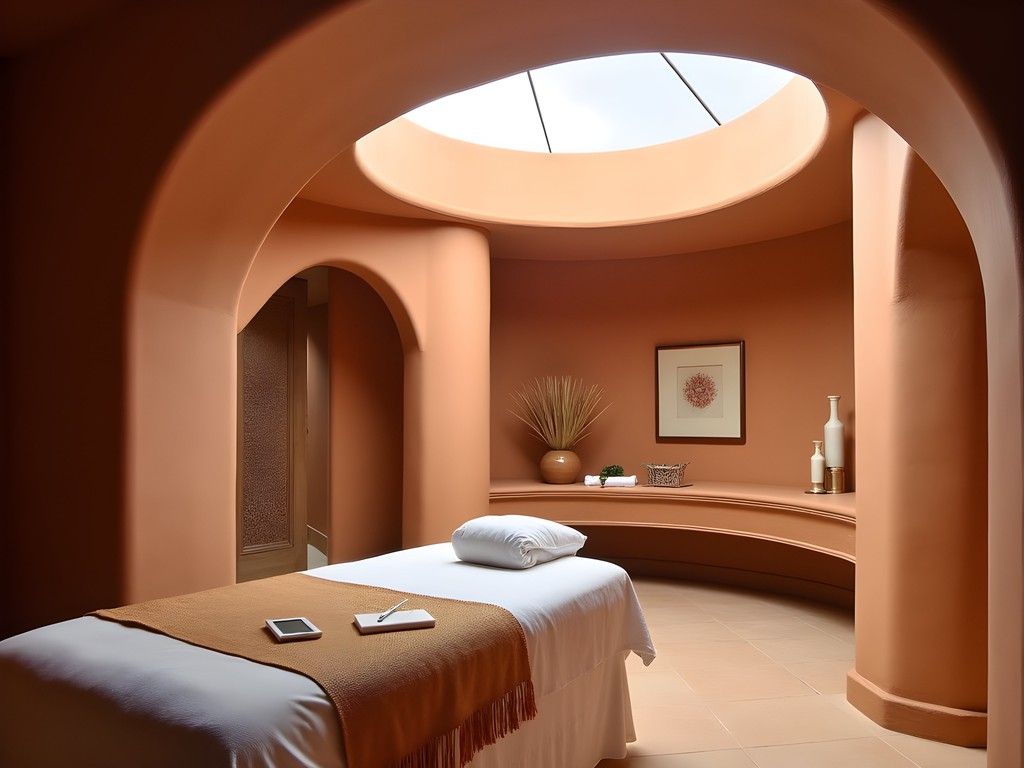Elegant spa treatment room at Well & Being Spa with adobe architecture and natural light