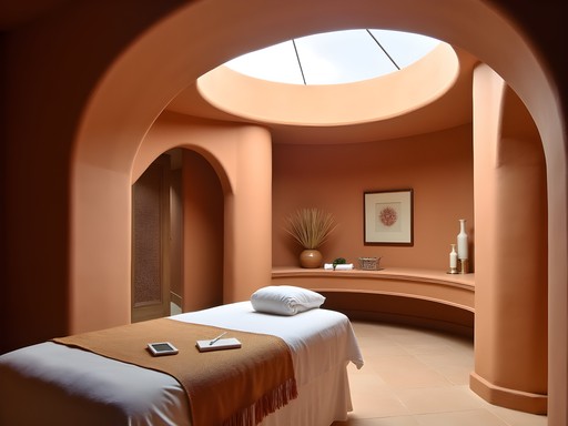 Elegant spa treatment room at Well & Being Spa with adobe architecture and natural light