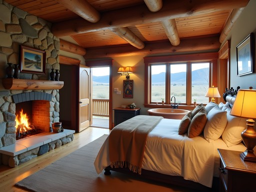 Luxury ranch cabin interior in Sheridan Wyoming with stone fireplace and panoramic mountain views