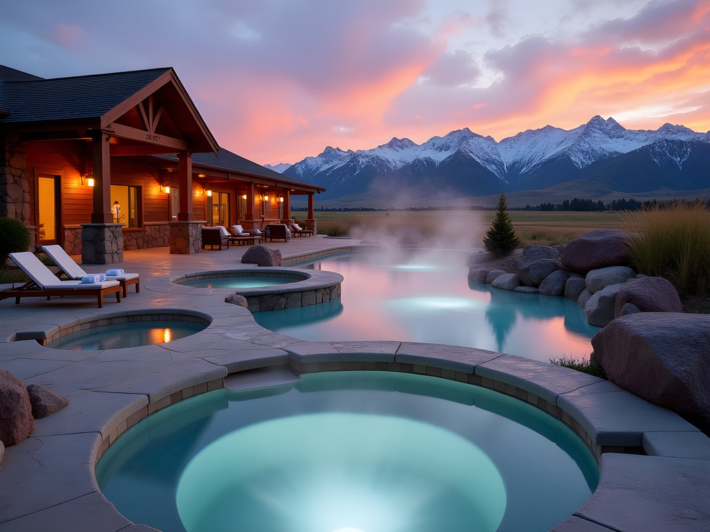 Outdoor hydrotherapy pools at luxury Wyoming ranch with mountain views at sunset
