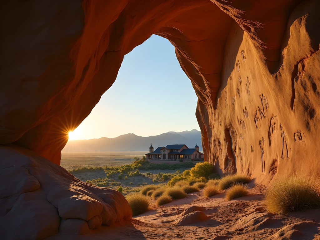 Ancient petroglyphs in Bighorn Mountains near Sheridan Wyoming with luxury ranch visible in distance