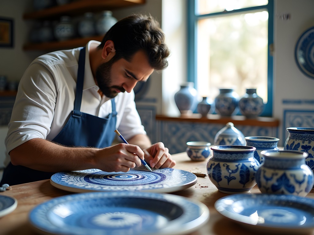 Traditional Tunisian ceramic artist working in blue and white pottery studio in Sidi Bou Said