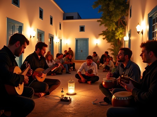 Traditional Tunisian music performance in private courtyard with musicians playing oud and darbouka drums