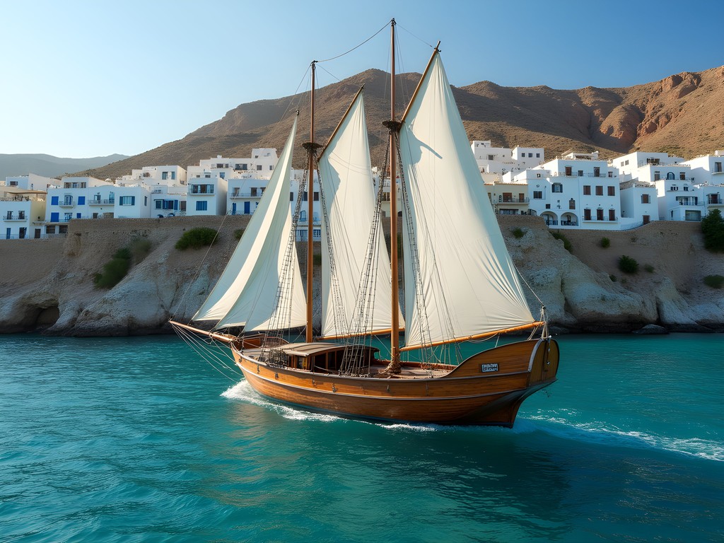 Traditional wooden sailing boat with blue and white sails near Sidi Bou Said coastline