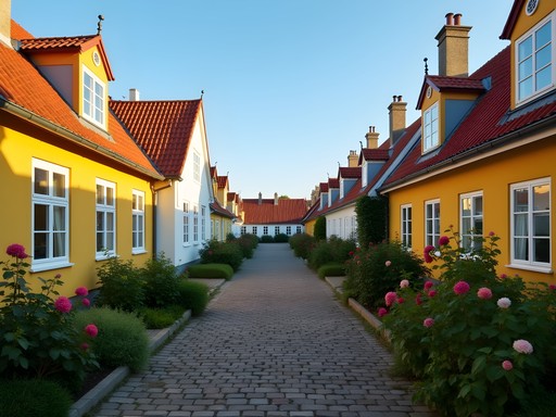 Traditional yellow Skagen houses with white trim in famous golden hour light