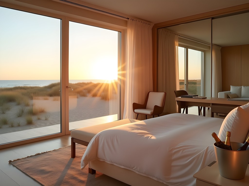 Luxury suite at Ruths Hotel in Skagen with panoramic sunset ocean view