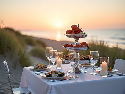 Private luxury dinner setup on Skagen beach at sunset with gourmet seafood and champagne