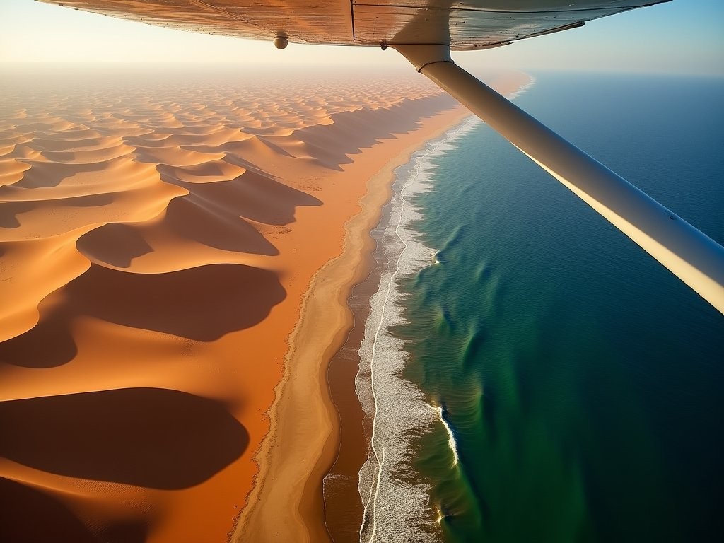 Dramatic aerial view of Namib Desert dunes meeting Atlantic Ocean along Skeleton Coast