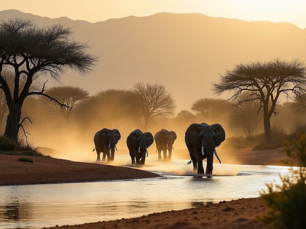 Desert-adapted elephants walking through dry riverbed on Namibia's Skeleton Coast