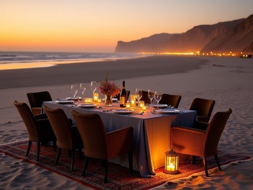 Exclusive private beach dinner setup with lanterns on Namibia's Skeleton Coast at sunset