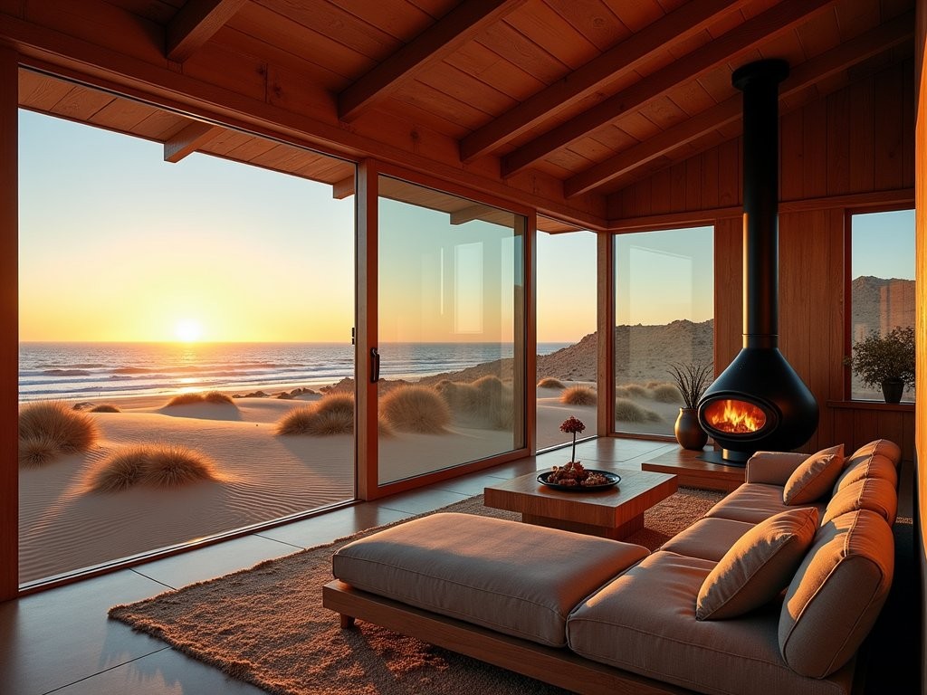 Luxury cabin at Shipwreck Lodge with panoramic views of Skeleton Coast dunes at sunset