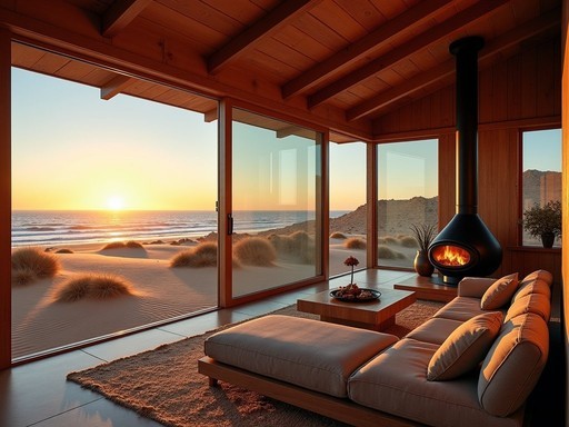 Luxury cabin at Shipwreck Lodge with panoramic views of Skeleton Coast dunes at sunset