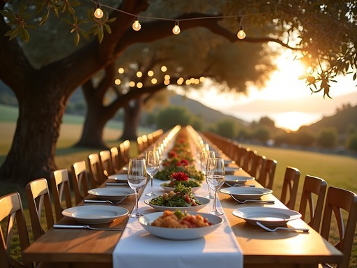 Elegant private dining setup under ancient olive trees on a Skiathos estate