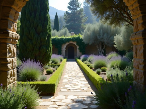 Ancient monastery garden with medicinal plants and herbs on Skiathos island
