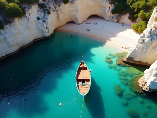 Traditional wooden kaiki boat anchored at secluded therapeutic cove in Skiathos