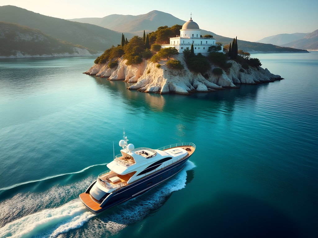 Luxury private boat approaching a remote monastery island in the Sporades archipelago