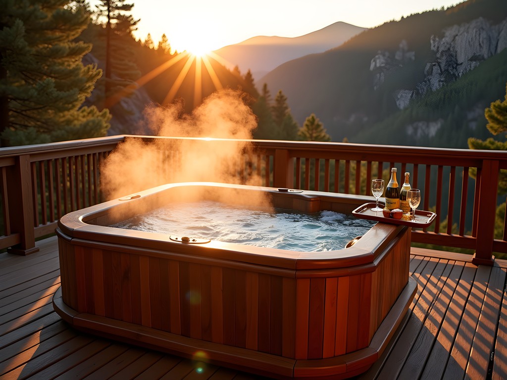 Luxury outdoor soaking tub overlooking Spearfish Canyon at sunset