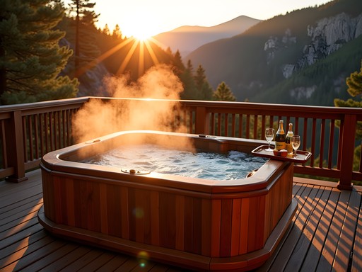 Luxury outdoor soaking tub overlooking Spearfish Canyon at sunset