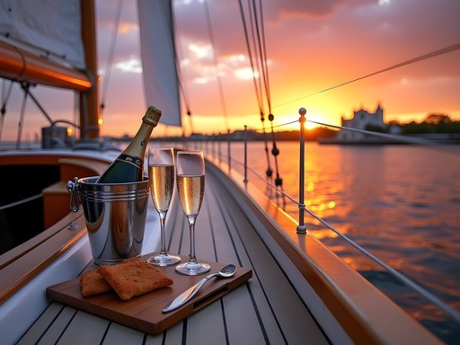 Couple enjoying champagne on private chartered sailboat at sunset in St. Augustine waters