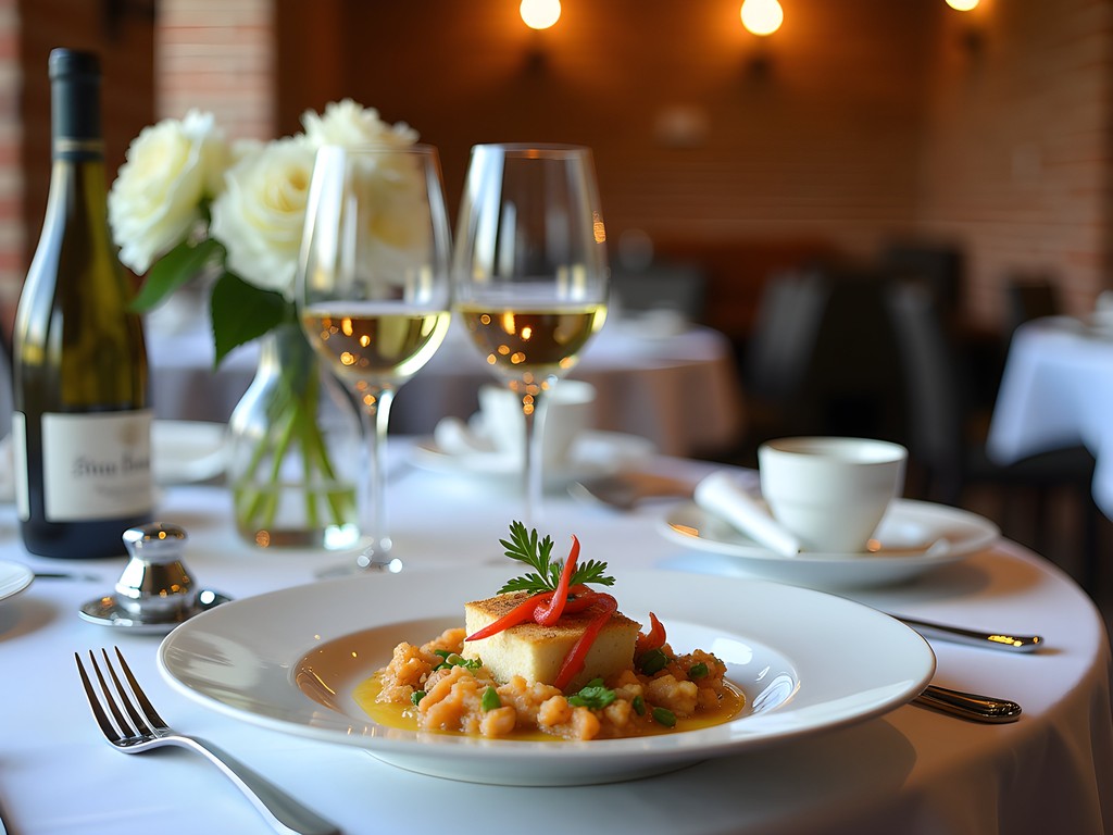 Elegant candlelit dinner table with gourmet seafood dishes and wine at an upscale St. Augustine restaurant