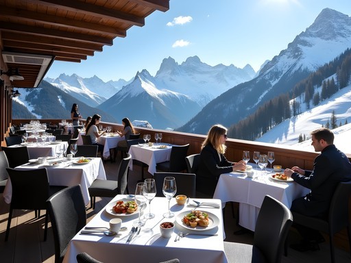 Elegant mountain restaurant dining terrace with panoramic Alpine views in St. Moritz