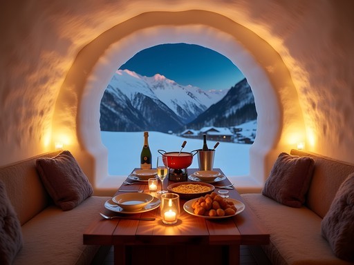Romantic private igloo dining setup on Diavolezza mountain with candlelight and fondue
