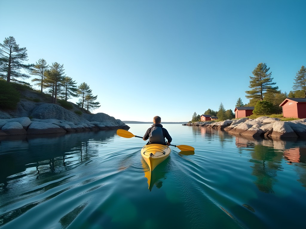 Person kayaking among small islands in Stockholm archipelago with red wooden cottage visible on shore