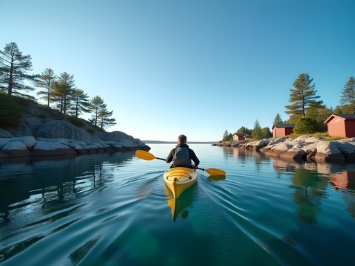 Person kayaking among small islands in Stockholm archipelago with red wooden cottage visible on shore