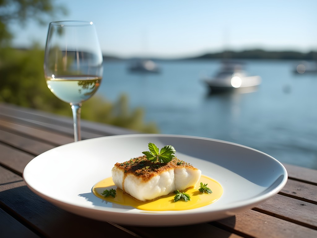 Elegant seafood dinner plate with archipelago view from restaurant terrace