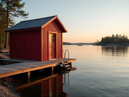 Traditional wooden sauna on pier in Stockholm archipelago at sunset