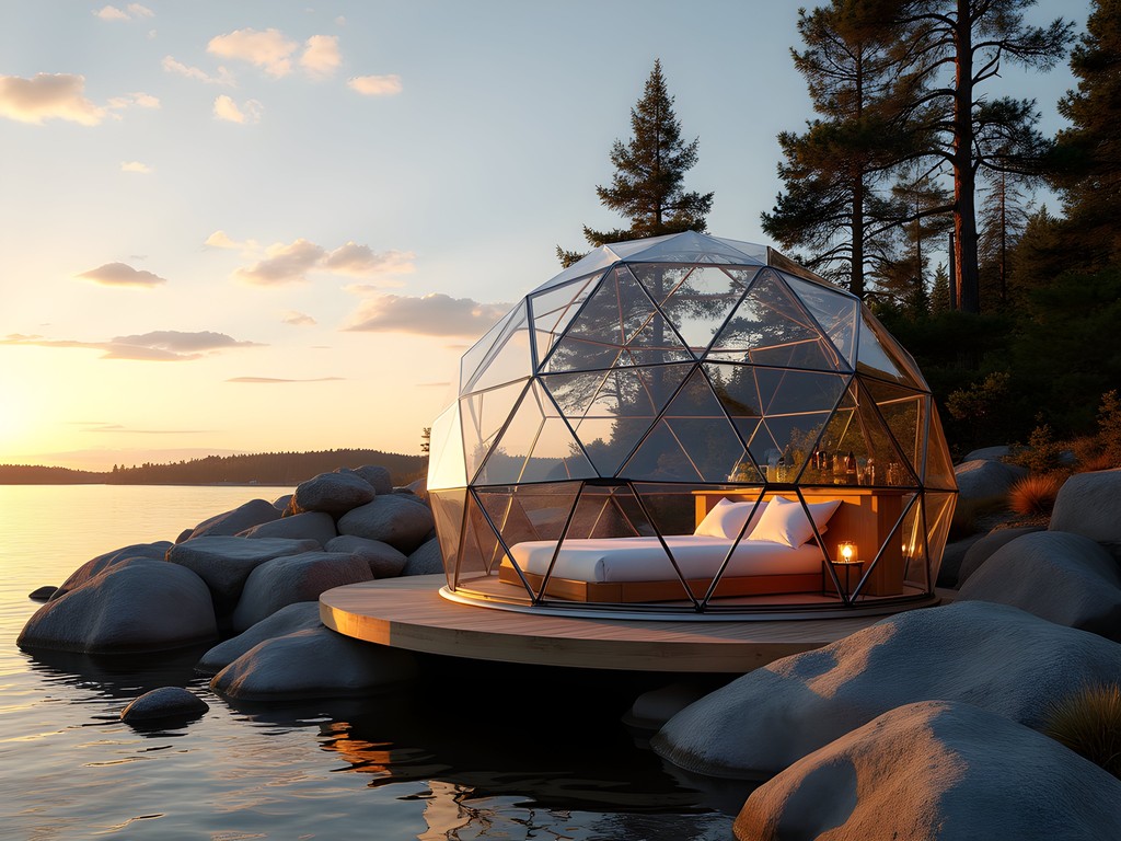 Luxury geodesic dome accommodation on private island in Stockholm archipelago at sunset