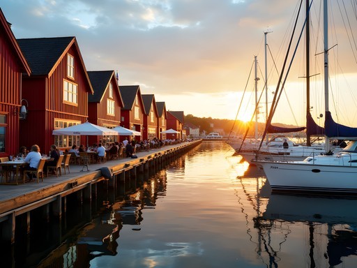 Sandhamn harbor at sunset with sailing boats and traditional red Swedish buildings