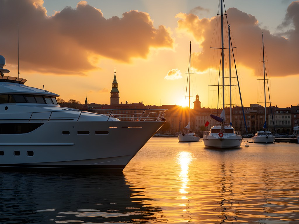 Luxury yacht in Stockholm harbor at sunrise with city skyline