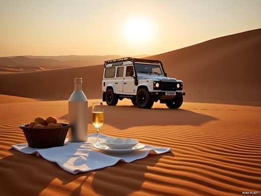 Exclusive desert expedition with luxury Land Rover on massive sand dunes at sunrise