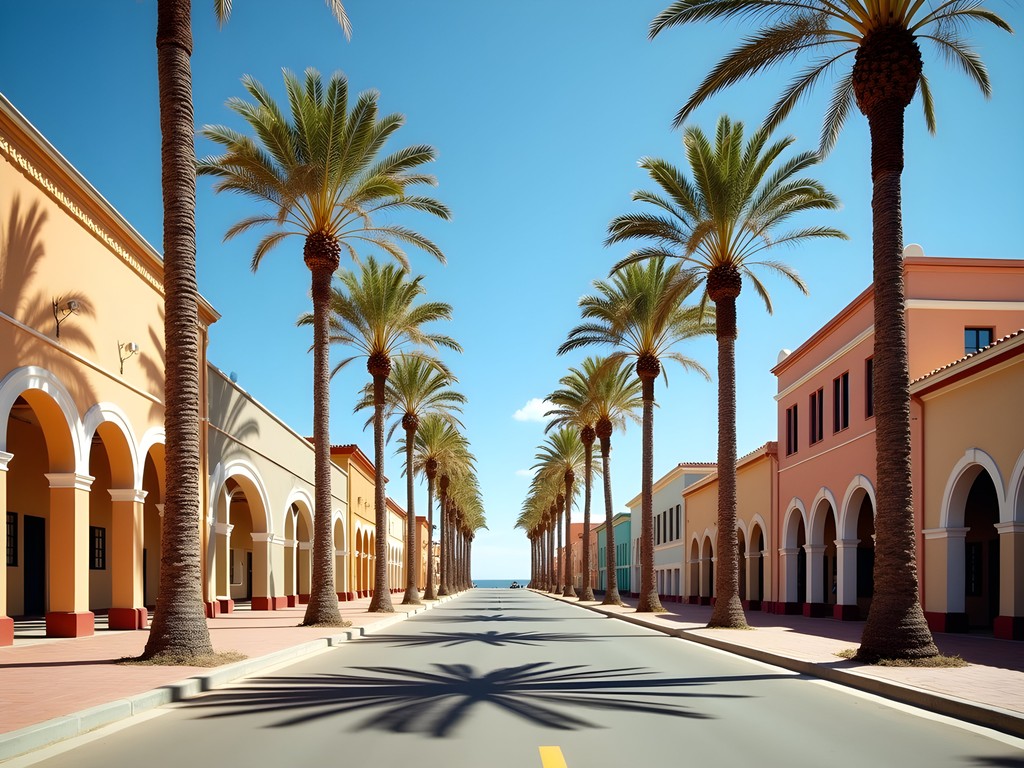 Historic German colonial buildings in Swakopmund with palm trees and blue sky