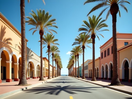 Historic German colonial buildings in Swakopmund with palm trees and blue sky