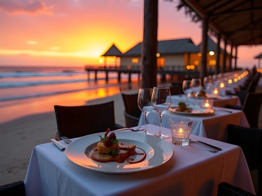 Elegant oceanfront dining at Jetty 1905 restaurant with dramatic sunset over Atlantic Ocean