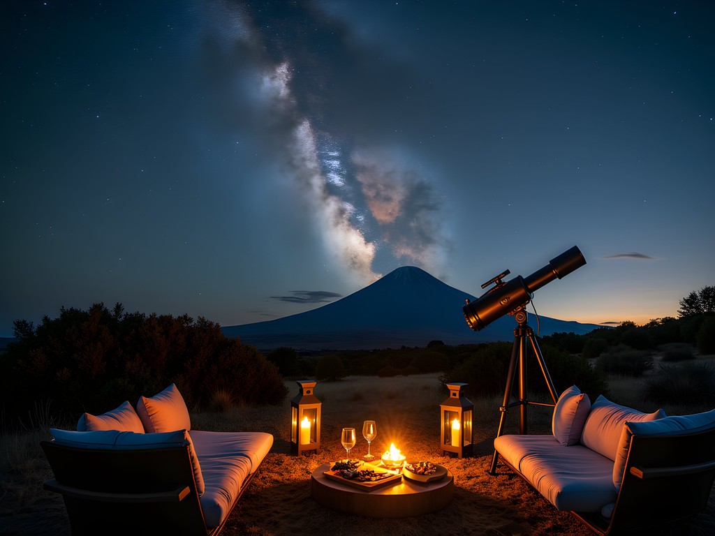Luxury stargazing setup with telescope and comfortable seating overlooking volcanic landscape under starry sky near Temuco