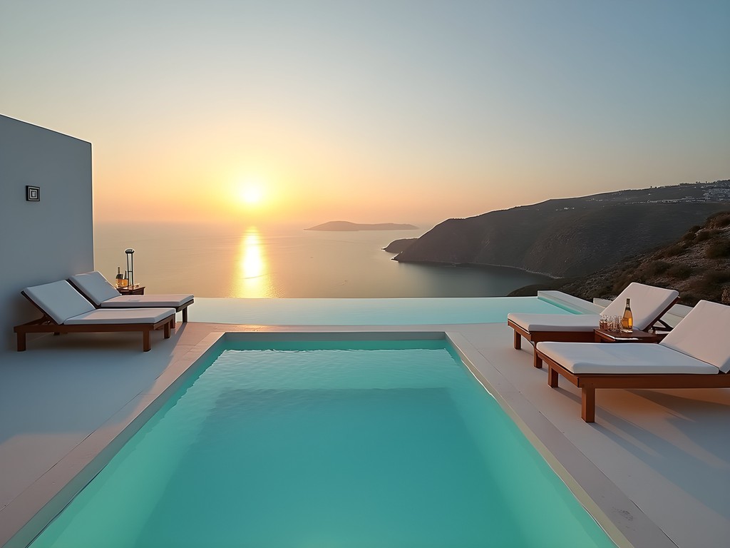 Luxury terrace suite with private plunge pool overlooking the turquoise Aegean Sea at sunset