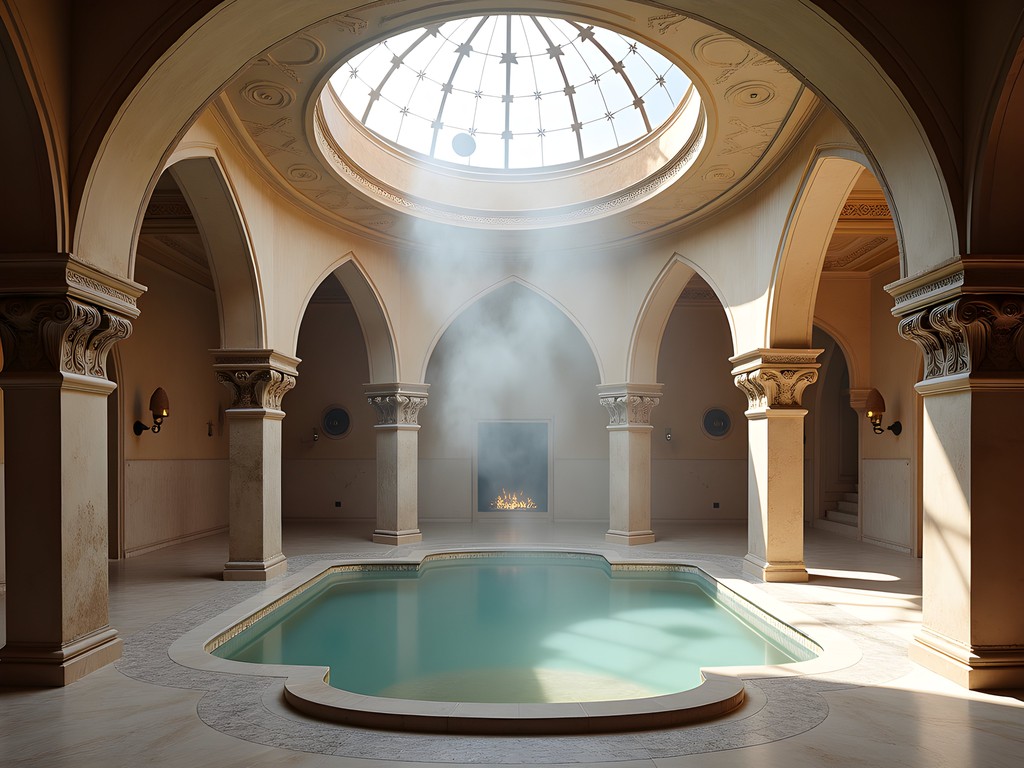 Interior of a beautifully restored historic Turkish hammam with ornate marble details and atmospheric lighting