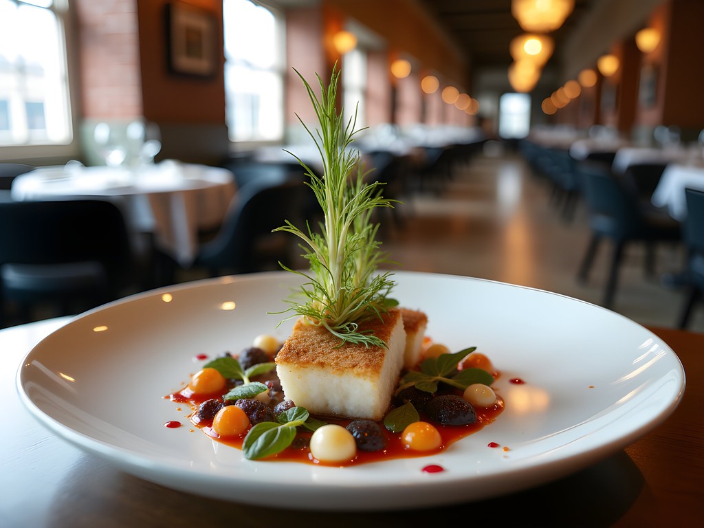 Elegantly plated seafood dish with architectural presentation at Ocean Blue Restaurant in Utica