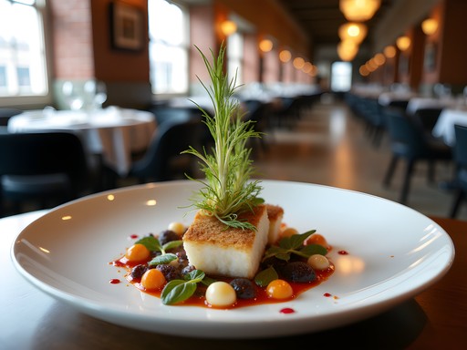 Elegantly plated seafood dish with architectural presentation at Ocean Blue Restaurant in Utica